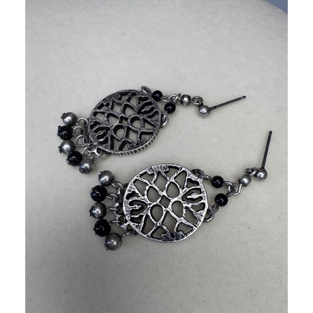 Women's Fashion Silver Bead Dangle Earrings Black And Silver Beads Boho - Picture 2 of 2